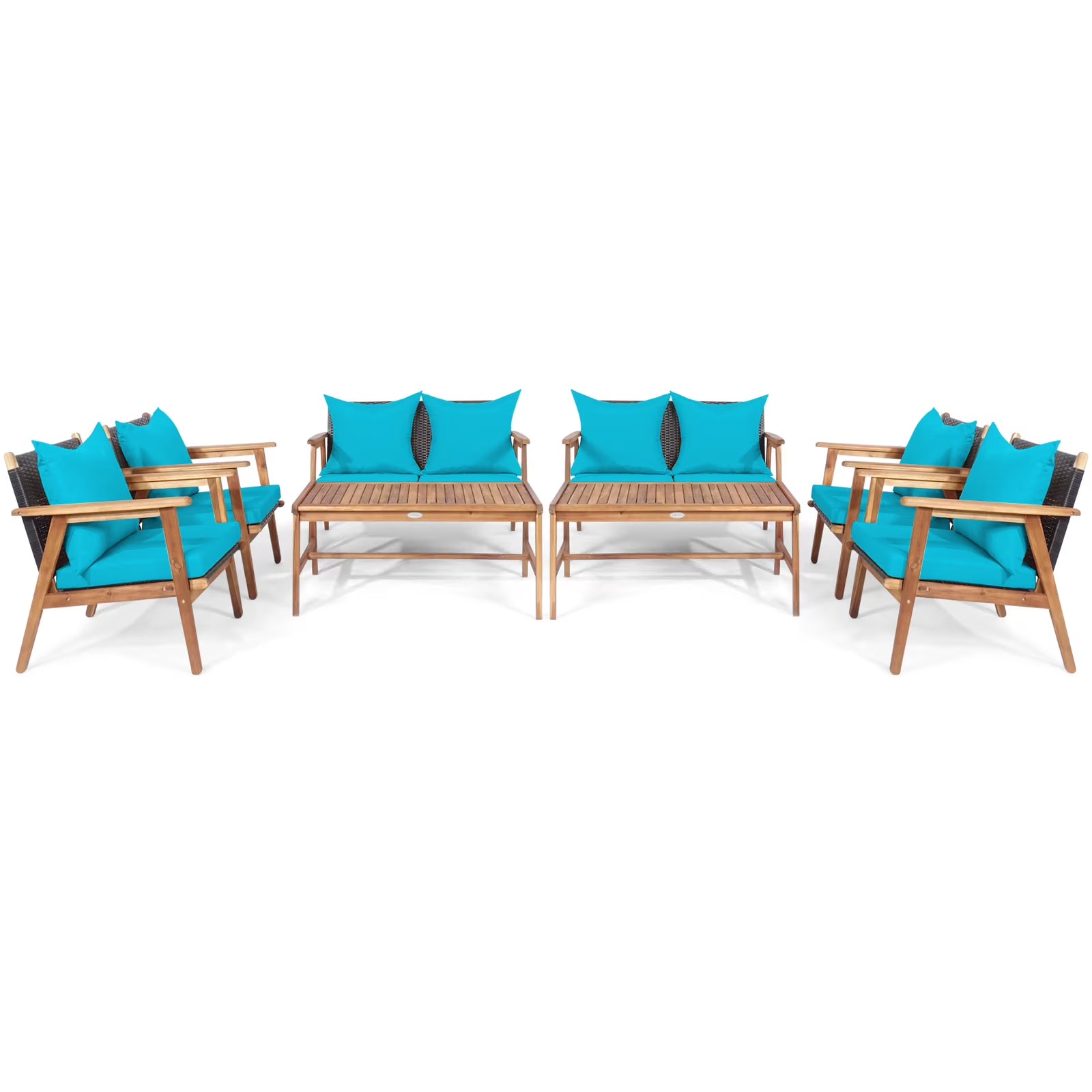 Patiojoy 8PCS Patio Rattan Furniture Set Wood Frame Cushioned Sofa with Coffee Table Sectional Conversation Sofa Set for Garden Brown