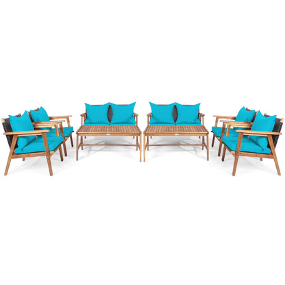 Patiojoy 8PCS Patio Rattan Furniture Set Wood Frame Cushioned Sofa with Coffee Table Sectional Conversation Sofa Set for Garden Brown