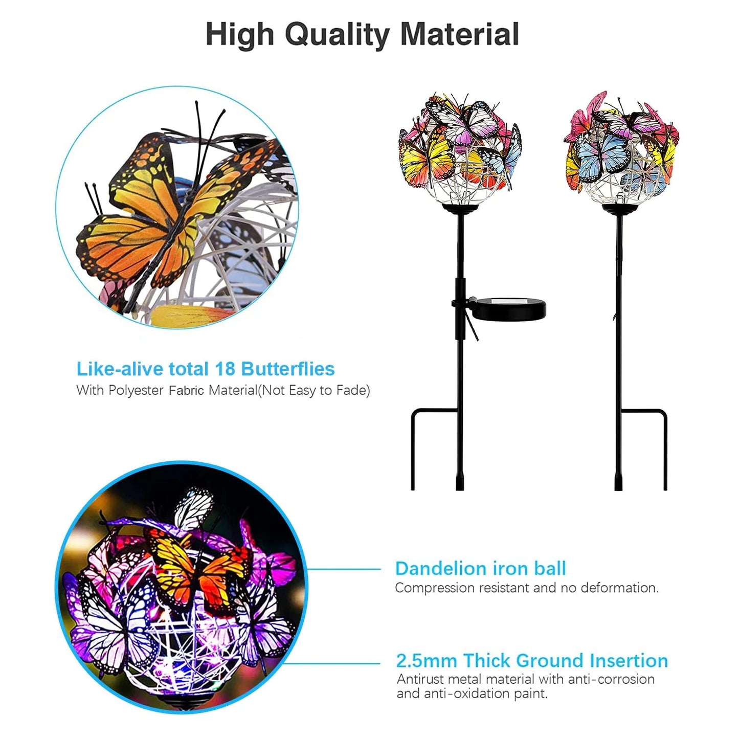 Rirool Decorative Solar Garden Lights Outside, 2 Pack Waterproof Solar Stake Lamp with Solar Panel, Multicolored Butterfly Ball Landscape Lights for Yard Patio Lawn Party Decor