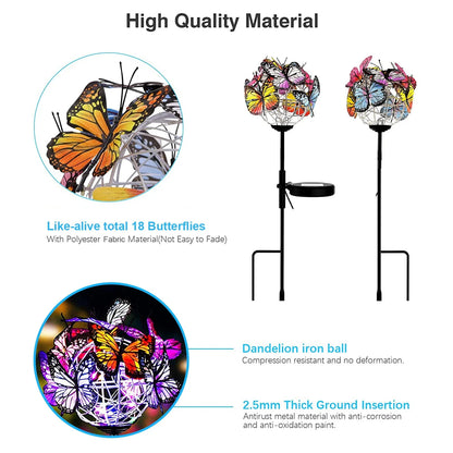 Rirool Decorative Solar Garden Lights Outside, 2 Pack Waterproof Solar Stake Lamp with Solar Panel, Multicolored Butterfly Ball Landscape Lights for Yard Patio Lawn Party Decor