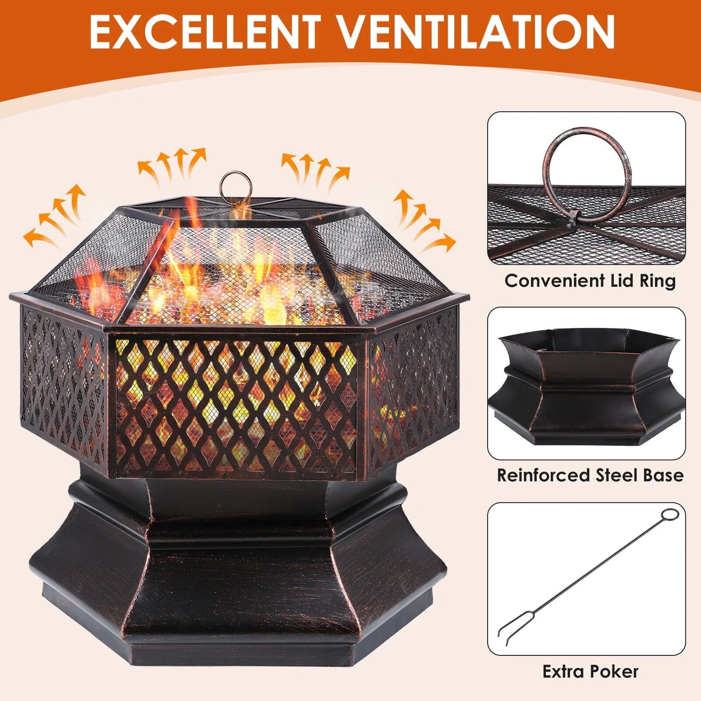 Arlopu 30'' Hex Shaped Steel Fire Pit for Outside, Wood Burning Fireplace Fire Bowl with Spark Screen & Fire Poker for Patio, Backyard, Camping