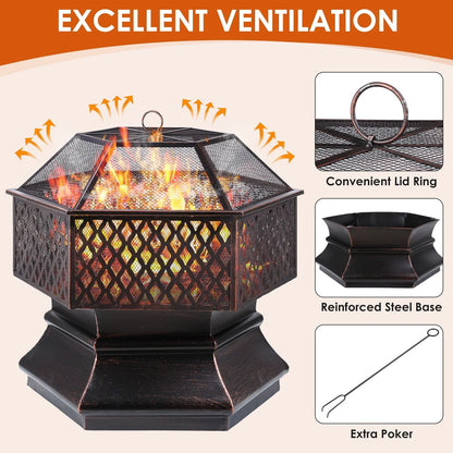 Arlopu 30'' Hex Shaped Steel Fire Pit for Outside, Wood Burning Fireplace Fire Bowl with Spark Screen & Fire Poker for Patio, Backyard, Camping