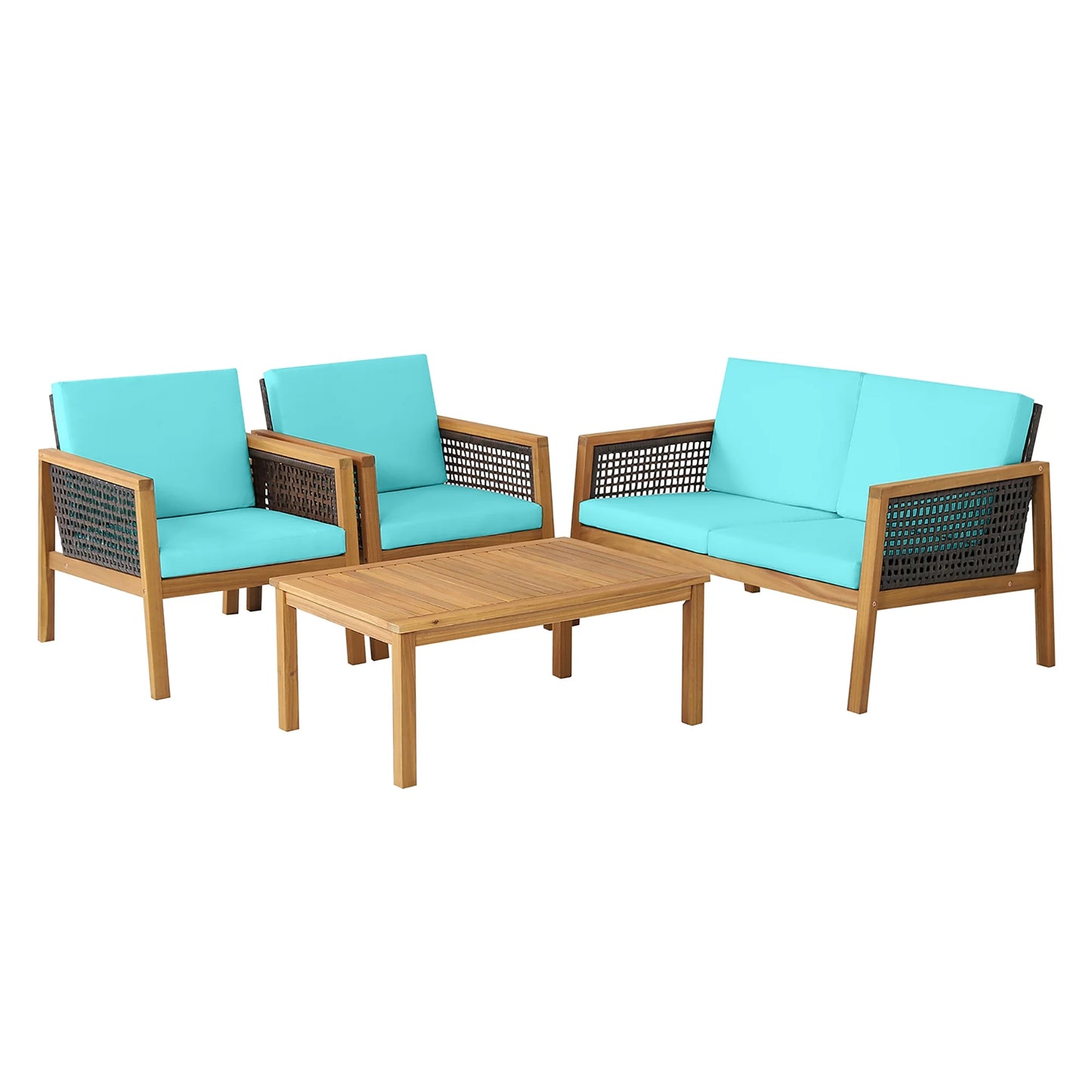 Costway 4PCS Patio Rattan Furniture Set Acacia Wood Cushioned Sofa Turquoise