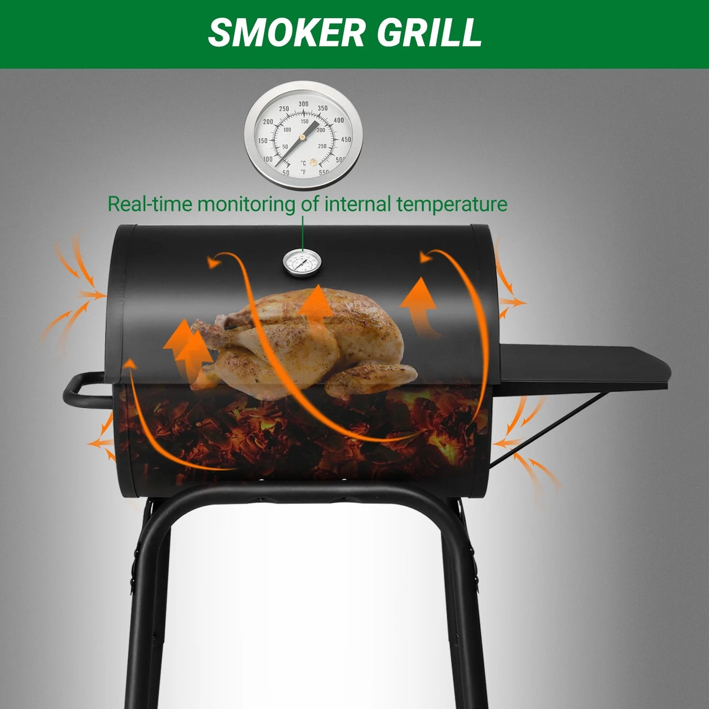 SEEKOL Barrel Charcoal Grill with Side Table, BBQ Grill Outdoor Smoker Grill with Wheels for Party Garden Patio and Backyard Cooking