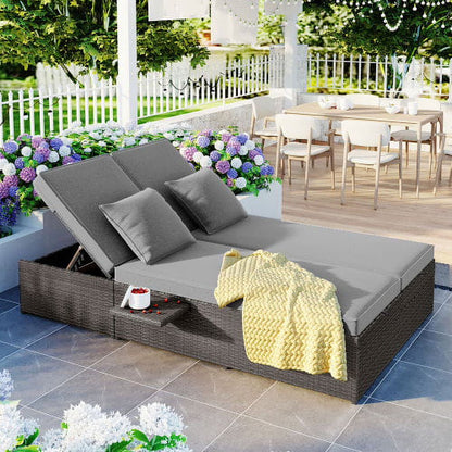 Harper & Bright Designs Rattan Outdoor Double Lounge Chaise 2-Person PE Wicker Outdoor Patio Sunbed with Canopy Cover for Backyard Garden Balcony, Beige+Black