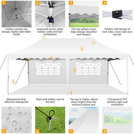 SANOPY 10'x 20' Pop up Canopy Tent, Commercial Heavy Duty Canopy with 6 Removable Side Walls Portable Shelter for Patio Picnic Gazebo Party Wedding, White