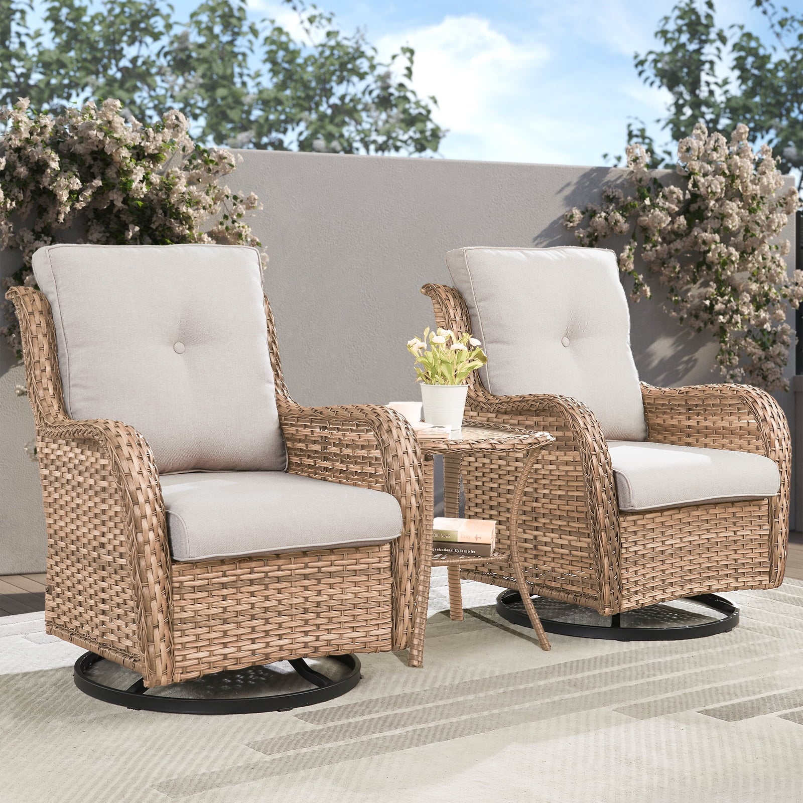 POCASSY 3 Piece Patio Set Outdoor Wicker Glider Rocking and Swivel Chairs with Cushions