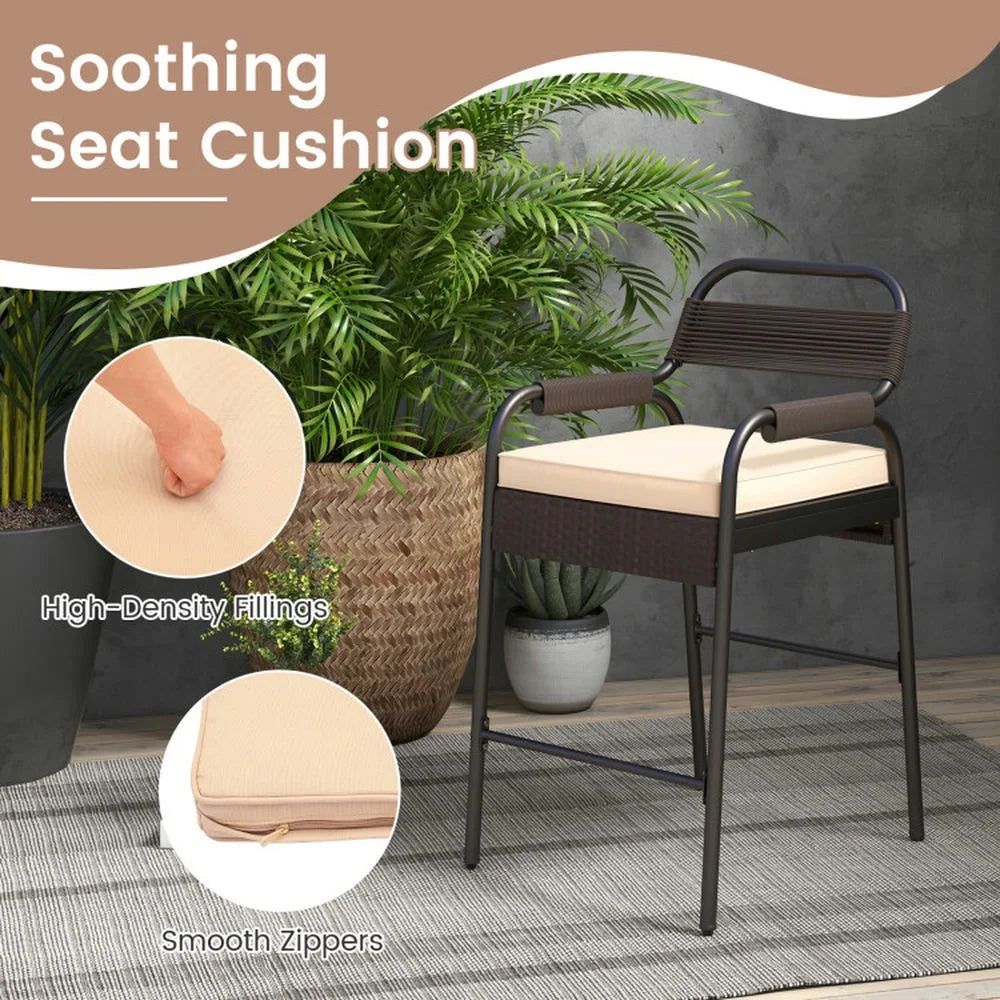 Spaco 5 Piece Rattan Counter Set with 4 Stools and Polywood Bar Table, Outdoor Chairs, Patio Chair, Outdoor Patio Furniture-Brown