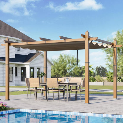 10x13 Ft Aluminum Pergola,Outdoor Metal Gazebo with Adjustable Canopy,Reinforced Frame Outdoor Shelter for Backyard,Patio Lawn and Deck - Wood grain beige