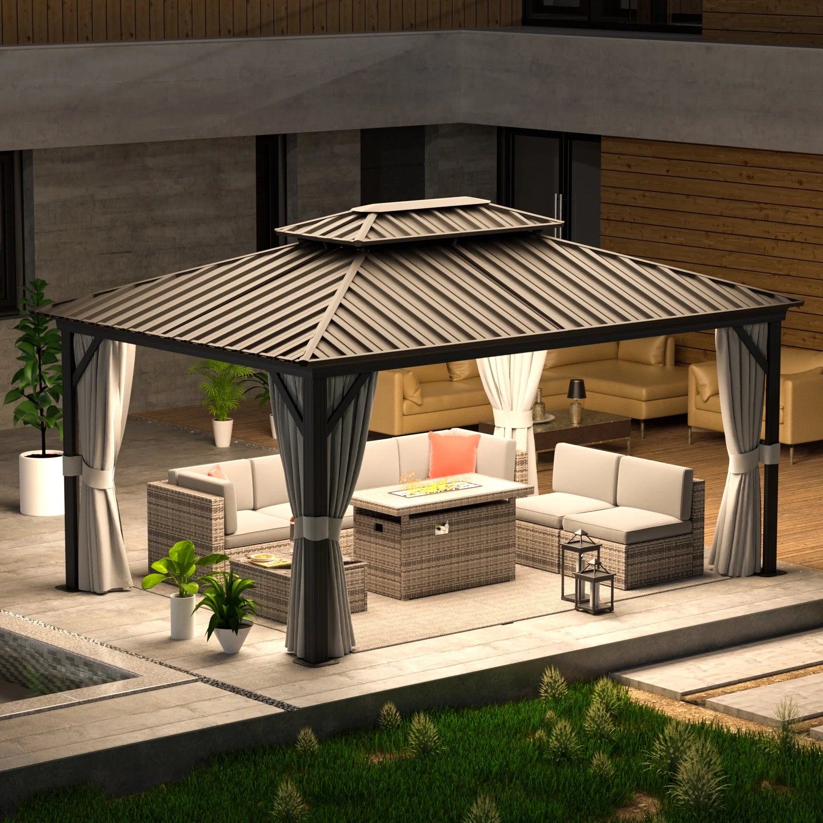 AOXUN 12'x16?Outdoor Hardtop Gazebo, Galvanized Double Roof Aluminum Pavilion with Netting and Curtains for Garden, Patio, Lawns, Gray