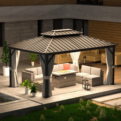 AOXUN 12'x16?Outdoor Hardtop Gazebo, Galvanized Double Roof Aluminum Pavilion with Netting and Curtains for Garden, Patio, Lawns, Gray