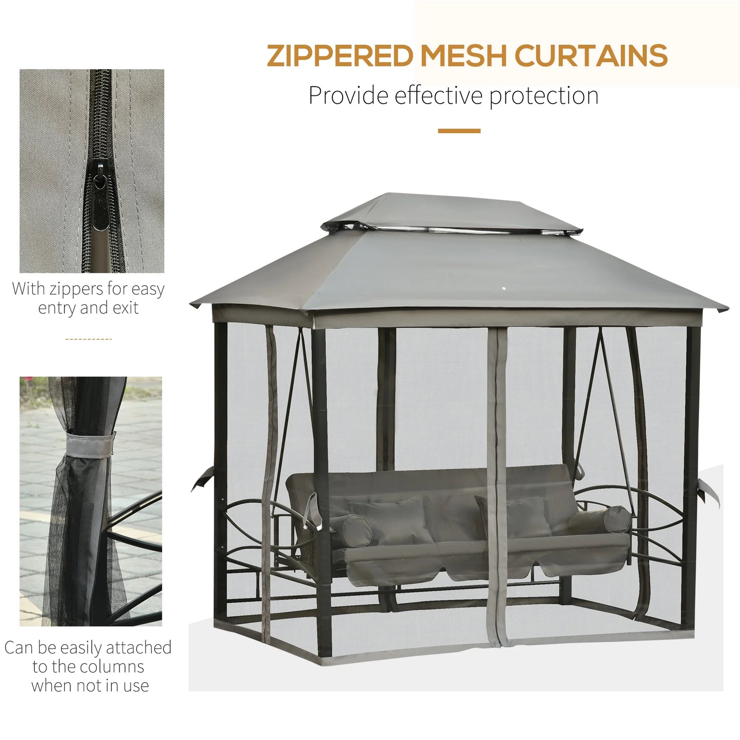 Outsunny 3 Person Patio Swing Chair, Gazebo Swing with Double Tier Canopy, Cushioned Seat, Mesh Sidewalls, gray