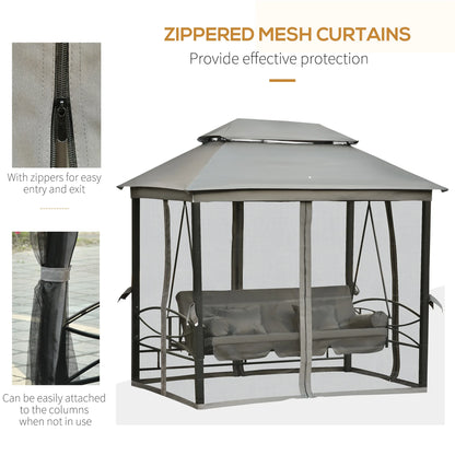 Outsunny 3 Person Patio Swing Chair, Gazebo Swing with Double Tier Canopy, Cushioned Seat, Mesh Sidewalls, gray