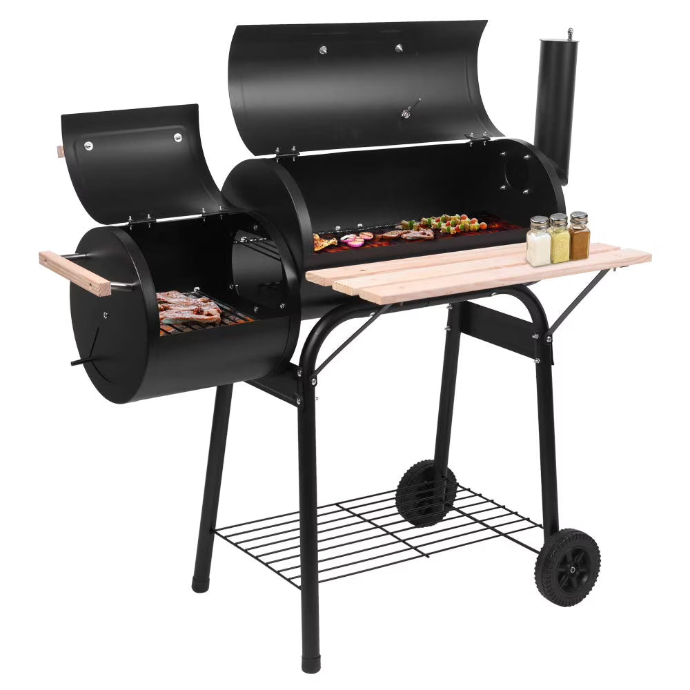 44 Inch Charcoal Grill and Offset Smoker, Portable Backyard Steel BBQ Oven with Wheels, Outdoor Patio Barbecue Cooker with Side Fire Box for Camping, Picnic, Party