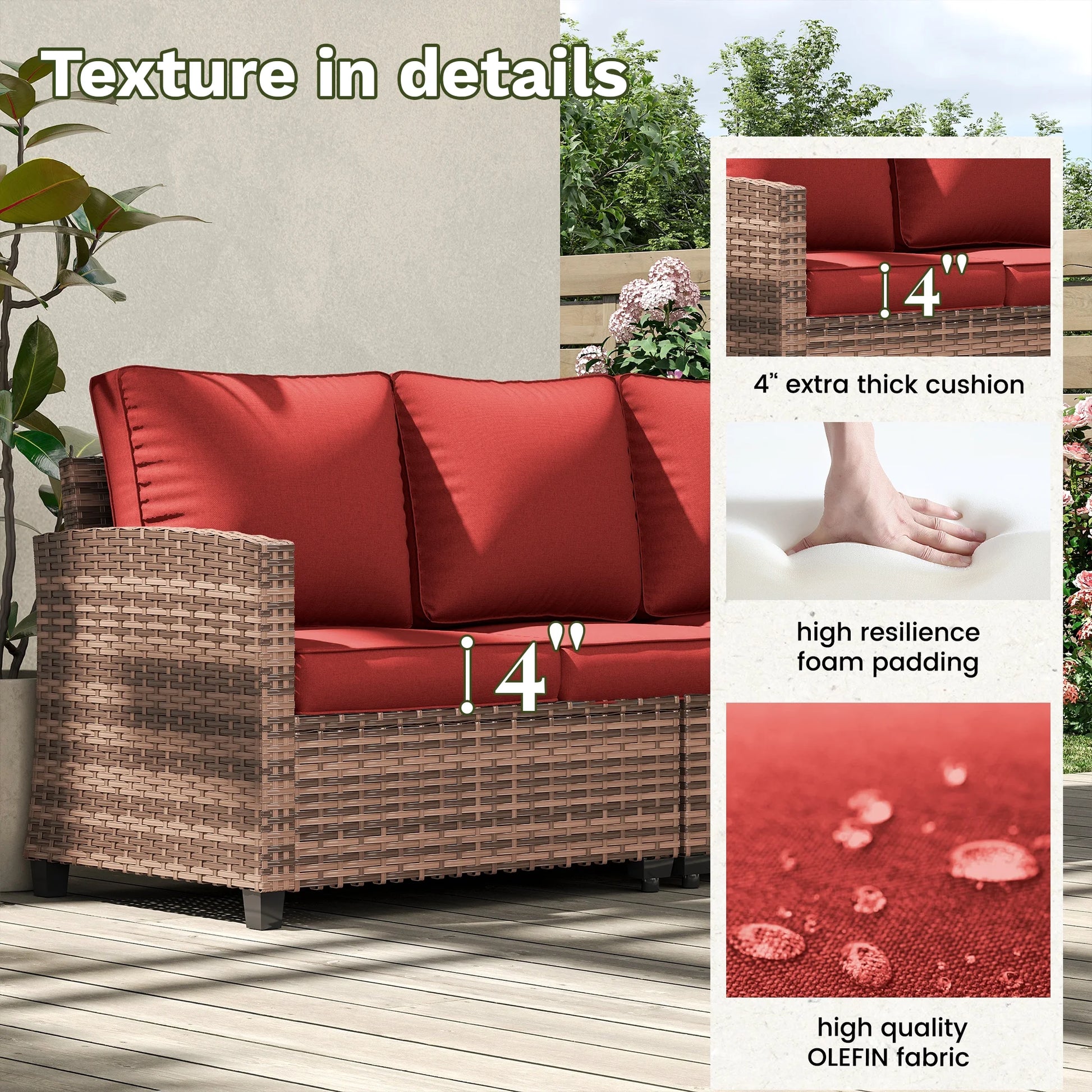POTEBAN Patio Furniture Set, 7 Pieces Outdoor Sectional Sofa Couch with Chairs, Ottomans and Comfy Cushions, All Weather Wicker Rattan Patio Conversation Set for Garden Backyard Wine Red