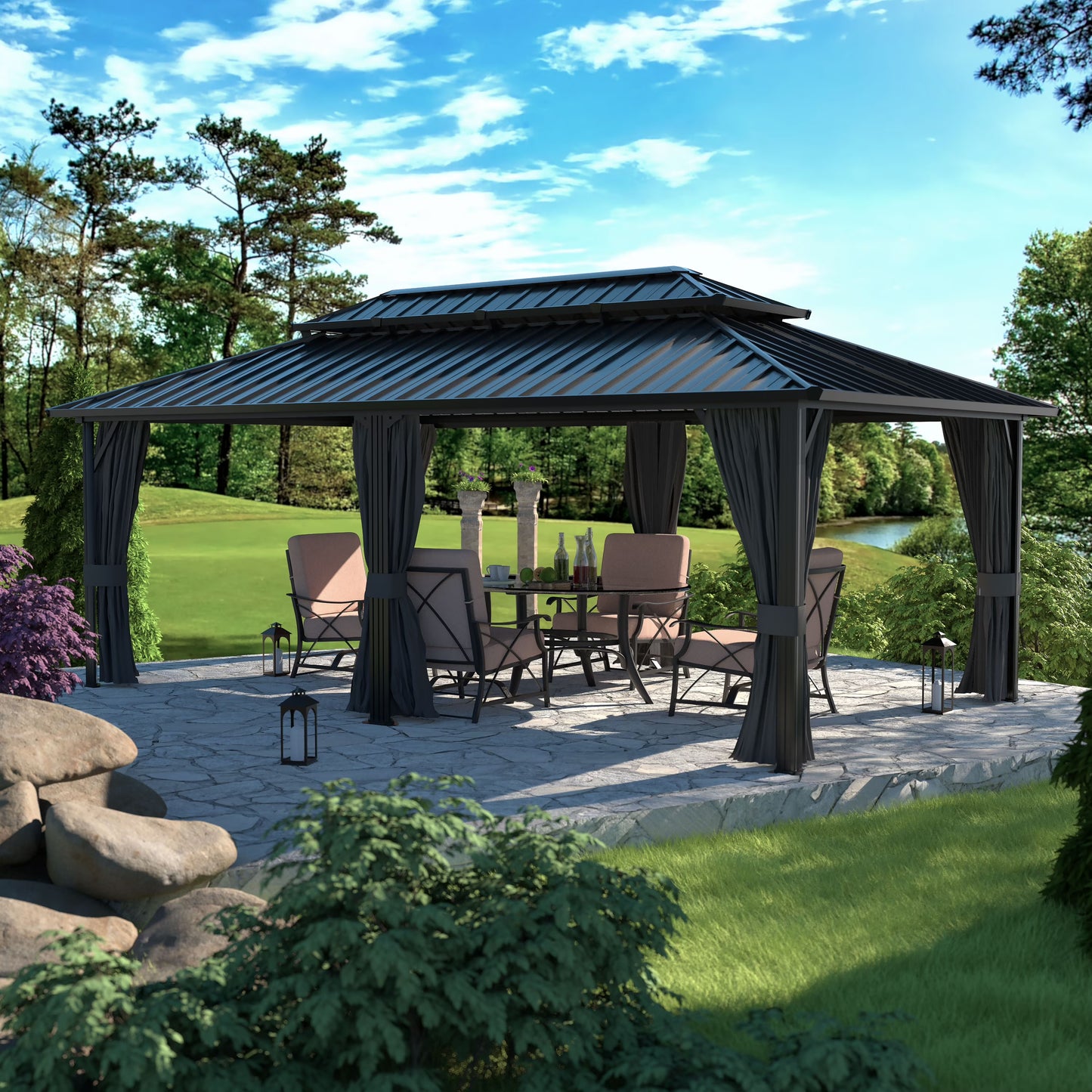 VEIKOUS 12'x10' Hardtop Gazebo, Outdoor Aluminum Gazebo Pergola w/Nettings and Curtains for Patio, Yard, Black