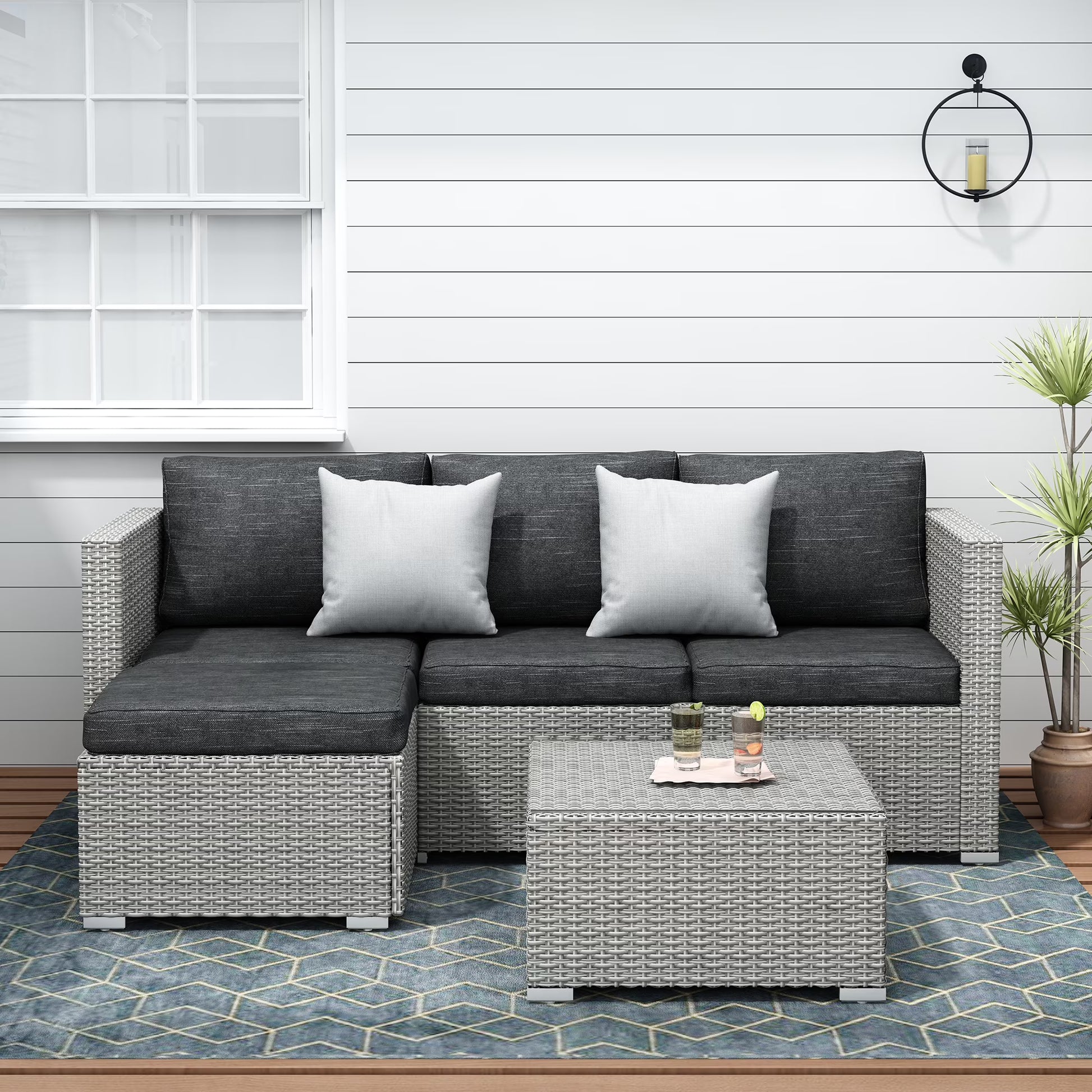 SUNTONE Patio Sectional Set - 3 Pieces Outdoor Conversation Set Wicker Rattan Outdoor Furniture Sofa with Table, Beige
