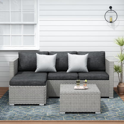 SUNTONE Patio Sectional Set - 3 Pieces Outdoor Conversation Set Wicker Rattan Outdoor Furniture Sofa with Table, Beige