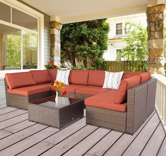 Kinbor Outdoor Wicker Furniture Set 7Pcs Sectional Sofa Patio Conversation Set with Maple Red Cushions