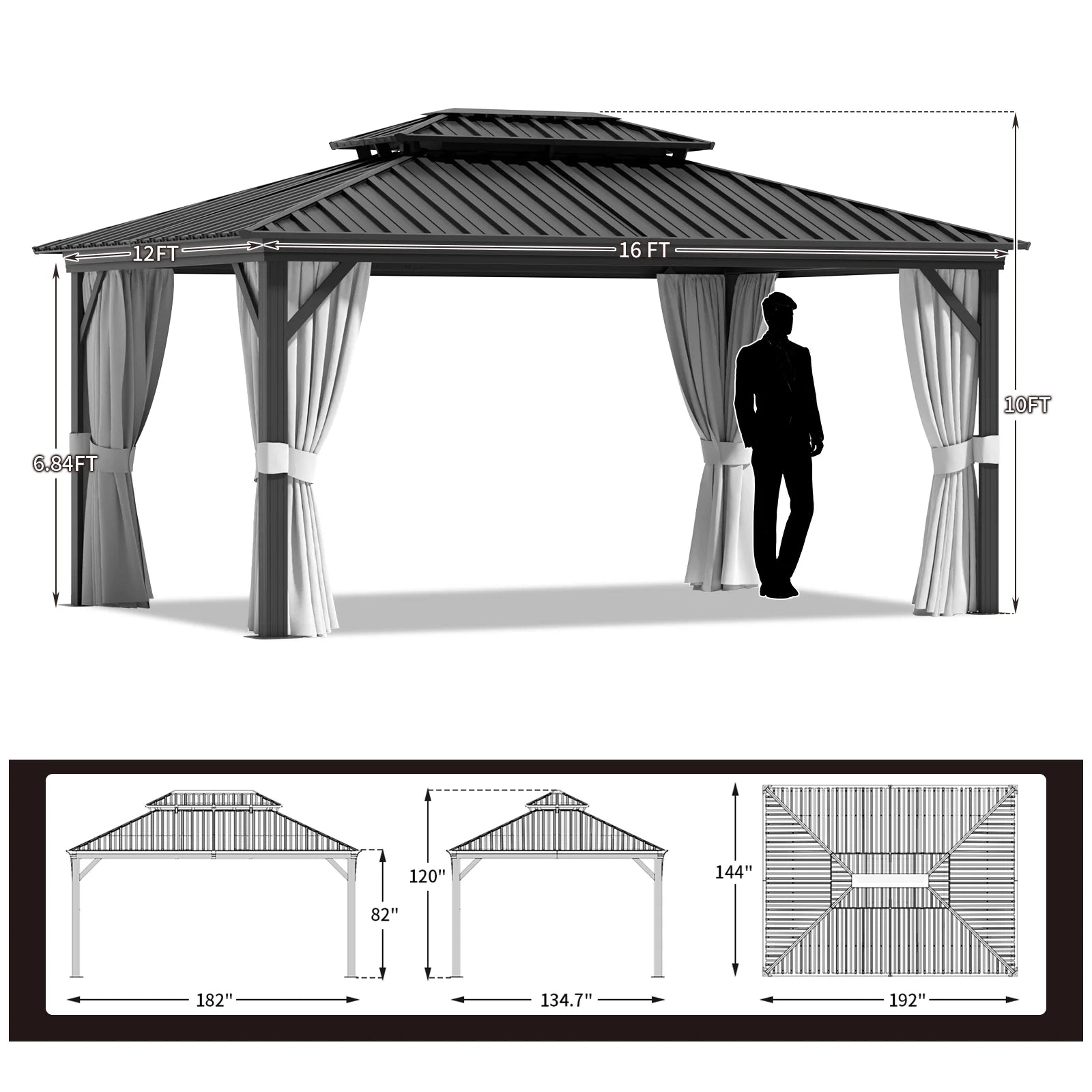 AOXUN 12'x16?Outdoor Hardtop Gazebo, Galvanized Double Roof Aluminum Pavilion with Netting and Curtains for Garden, Patio, Lawns, Gray