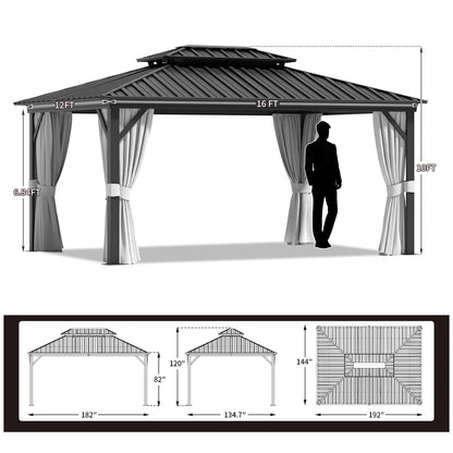 AOXUN 12'x16?Outdoor Hardtop Gazebo, Galvanized Double Roof Aluminum Pavilion with Netting and Curtains for Garden, Patio, Lawns, Gray