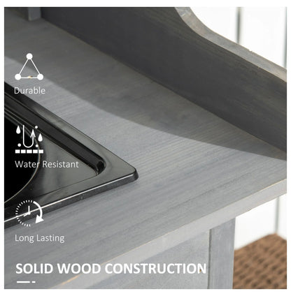 Outdoor Potting Bench with Sink - Garden Work Table with Storage, Gray - Greenhouse Patio Plant Station
