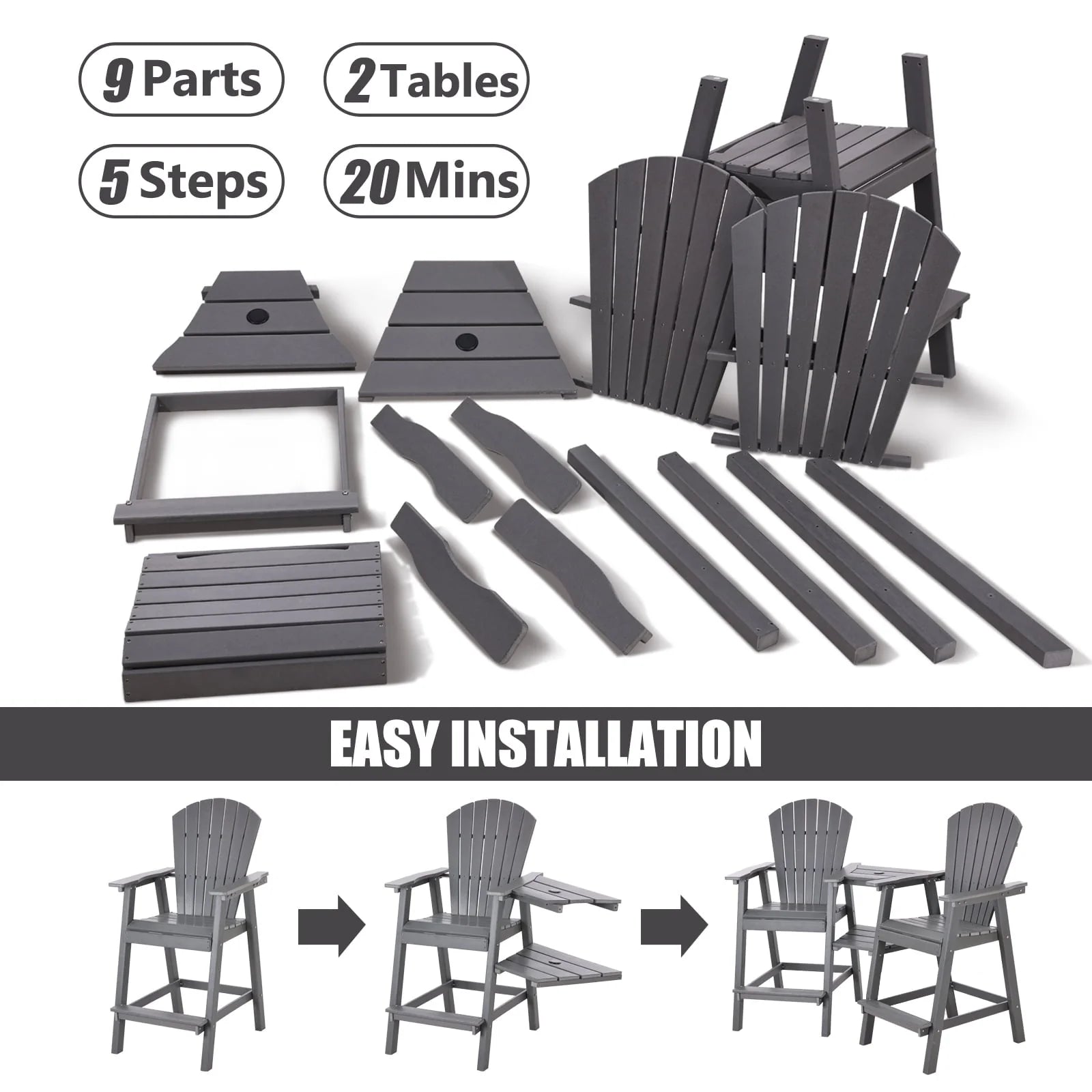 Tall Adirondack Chairs Set of 2,Outdoor Adirondack Barstools with Double Connecting Tray Patio Stools Weather Resistant for Outdoor Deck Lawn Pool Backyard,Grey