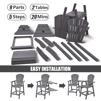 Tall Adirondack Chairs Set of 2,Outdoor Adirondack Barstools with Double Connecting Tray Patio Stools Weather Resistant for Outdoor Deck Lawn Pool Backyard,Grey