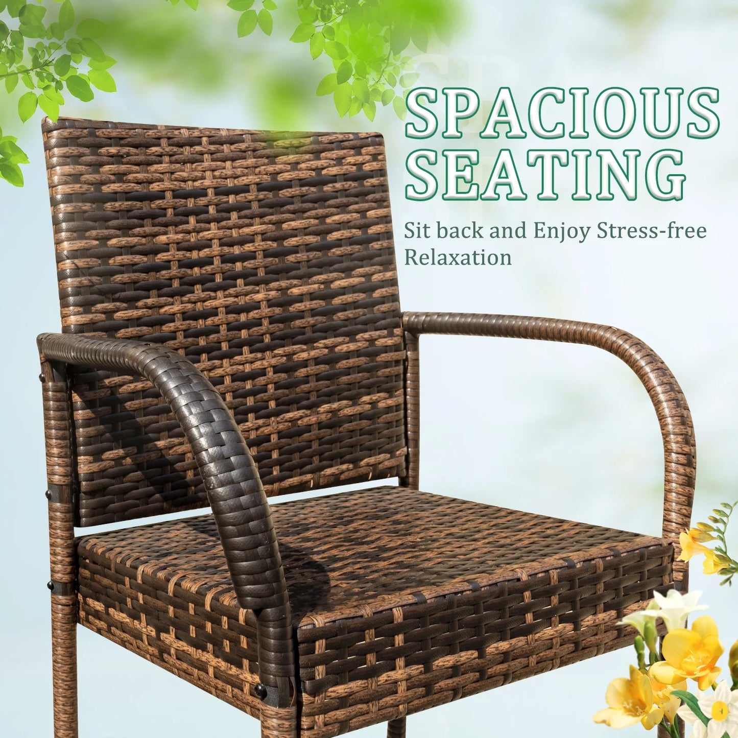 Lacoo Outdoor Wicker Bar Stool with Footrest Patio Rattan and Steel Frame Barstools Set of 2, Brown