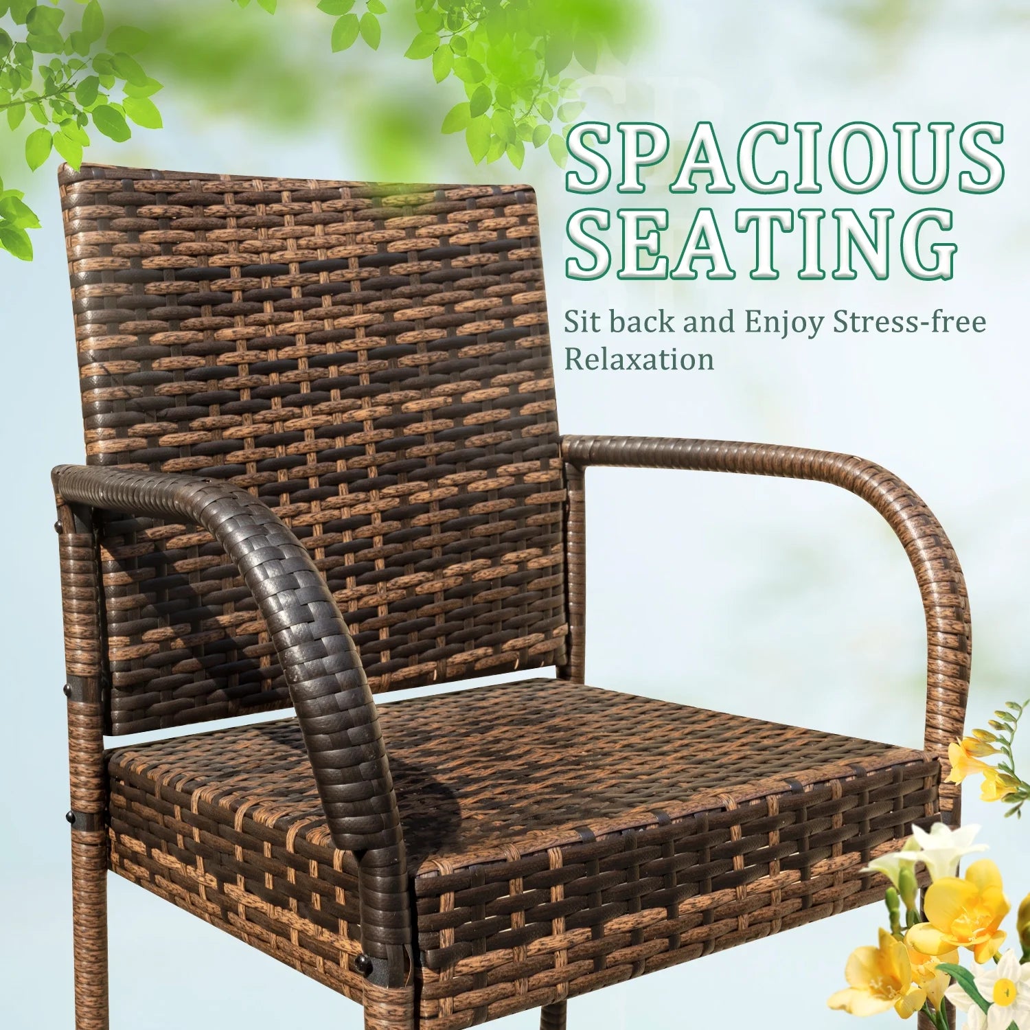 Lacoo Outdoor Wicker Bar Stool with Footrest Patio Rattan and Steel Frame Barstools Set of 2, Brown