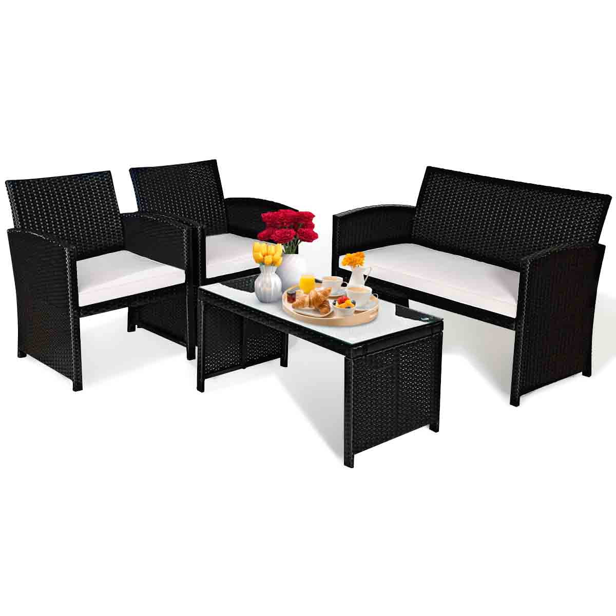 Gymax 4PCS Rattan Patio Conversation Set Outdoor w/Coffee Table Cushioned Sofa