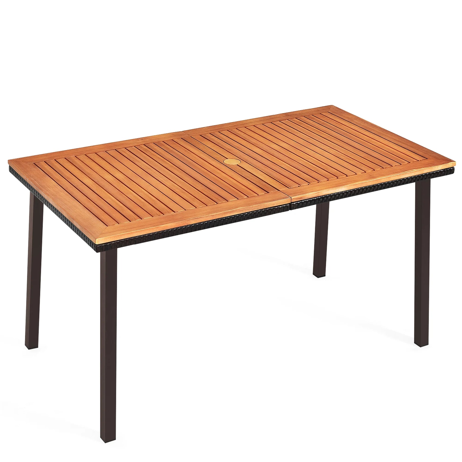 Gymax Rectangle Patio Outdoor Dining Table Acacia Wood Tabletop w/2'' Umbrella Hole