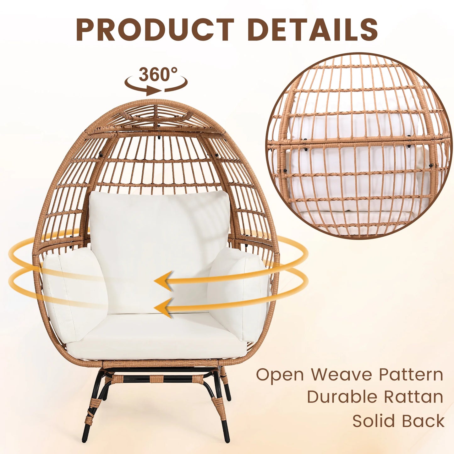 Skandiquip Oversized Rattan Adult Egg Chair, 360 Swivel, Outdoor Patio Chair with overstuffed Cushions, Indoor Large Wicker Egg Chair, Natural Rattan, Beige Cushion