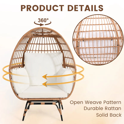 Skandiquip Oversized Rattan Adult Egg Chair, 360 Swivel, Outdoor Patio Chair with overstuffed Cushions, Indoor Large Wicker Egg Chair, Natural Rattan, Beige Cushion