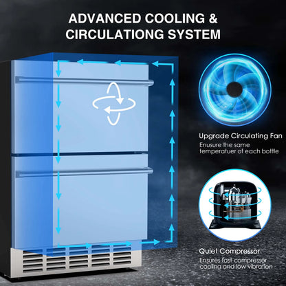 QAUSOU 24 Inch Under Counter Double Drawer Fridge, Weather Proof Stainless Steel Outdoor Beverage Refrigerator for Patio