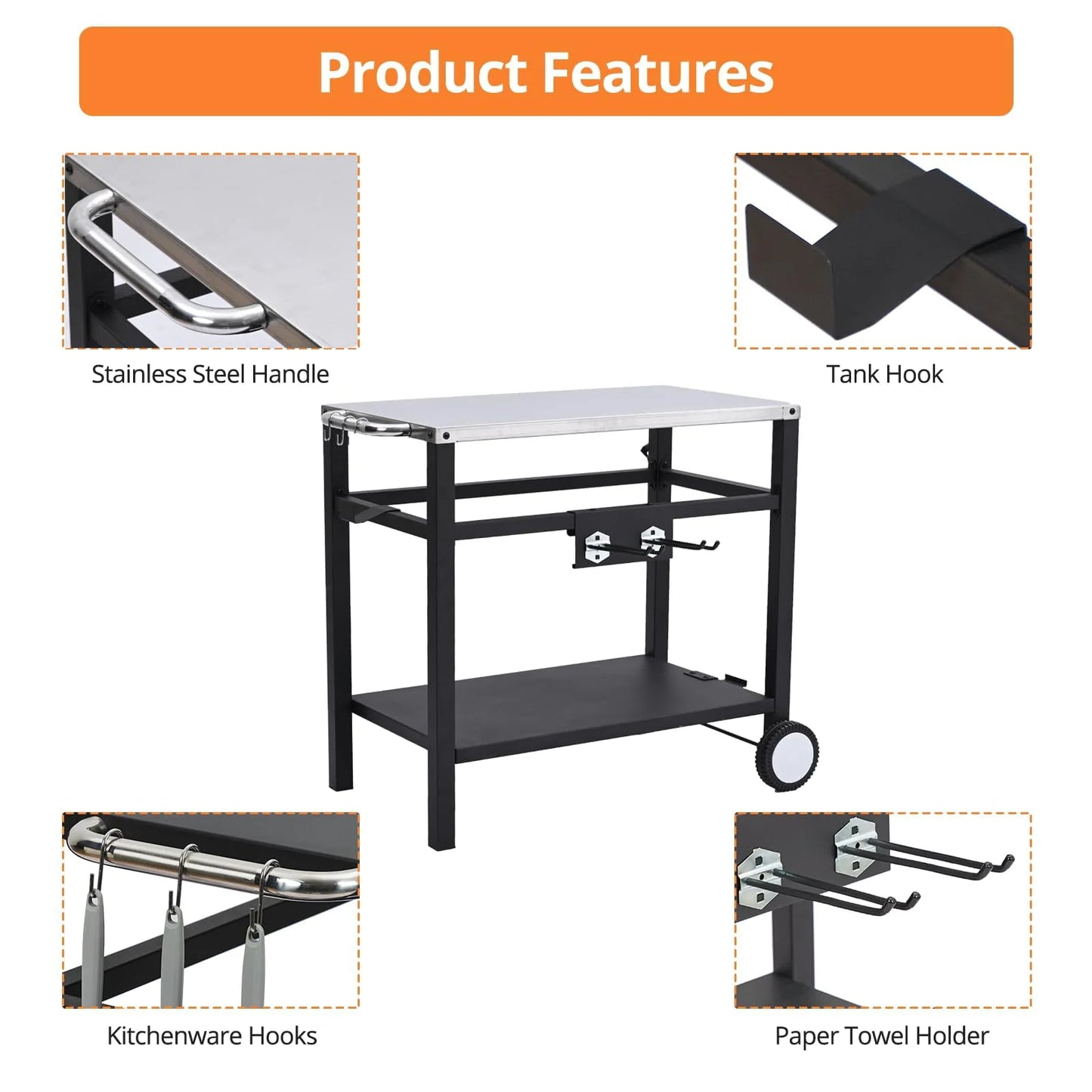 Dining Cart,Outdoor Grill Cart with Double-Shelf,with 4 Hooks, Side Handle,Wheels,Cooking Table for Outdoors, Kitchen or Backyard Patio, Movable BBQ Trolley,Multifunctional and Commercial