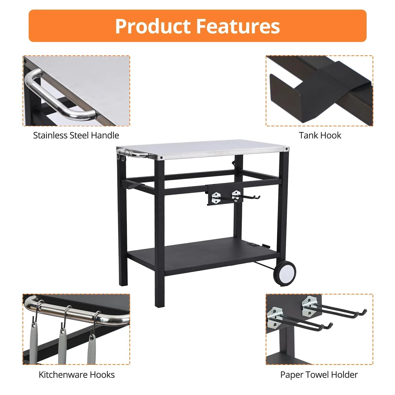 Dining Cart,Outdoor Grill Cart with Double-Shelf,with 4 Hooks, Side Handle,Wheels,Cooking Table for Outdoors, Kitchen or Backyard Patio, Movable BBQ Trolley,Multifunctional and Commercial