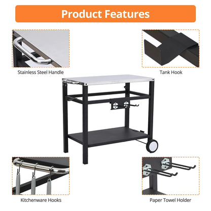 Dining Cart,Outdoor Grill Cart with Double-Shelf,with 4 Hooks, Side Handle,Wheels,Cooking Table for Outdoors, Kitchen or Backyard Patio, Movable BBQ Trolley,Multifunctional and Commercial