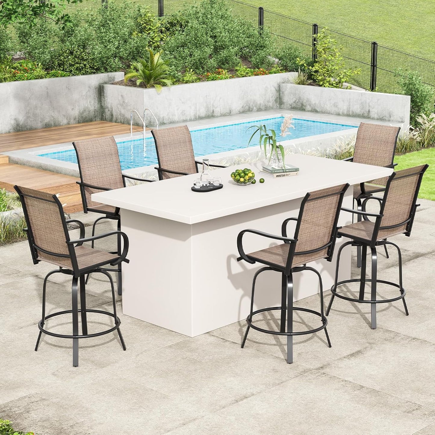 Farini Outdoor Bar Stools Set of 2, 360° Swivel Patio Barstools with Textile Fabric,Ergonomic Comfort Bar Height Tall Outdoor Stools for Balcony,Brown