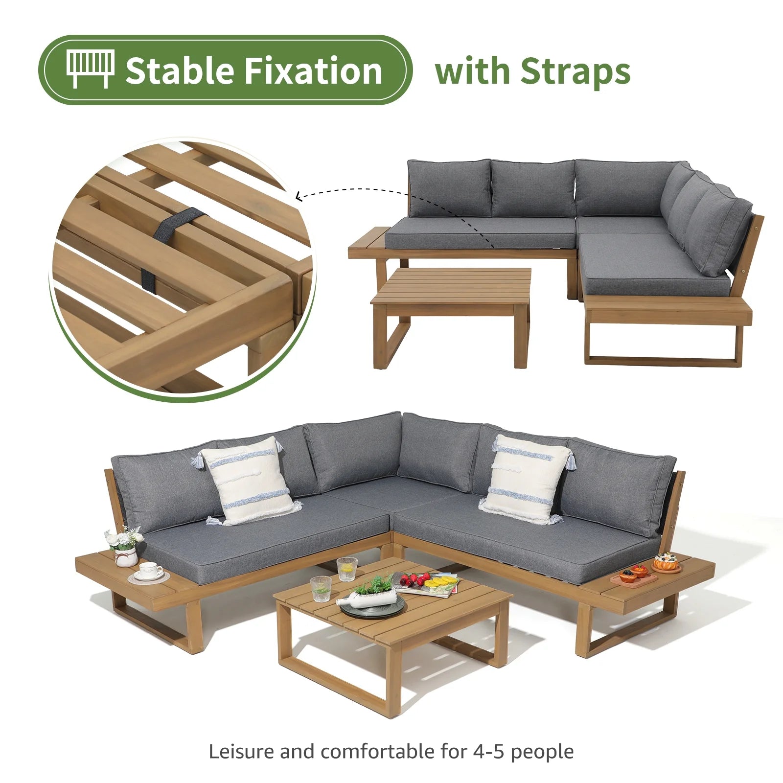 OC Orange-Casual Outdoor 4-Piece Acacia Wood Furniture Set, All-Weather Patio Sectional Sofa Set, Rope Lounge Couch with Wood Table, Cream White Cushion