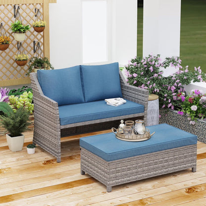 Outdoor Wicker Love Seat and Coffee Table Set, Weather Resistant Grey Rattan, Patio Furniture with Gray Cushions & Storage Bin
