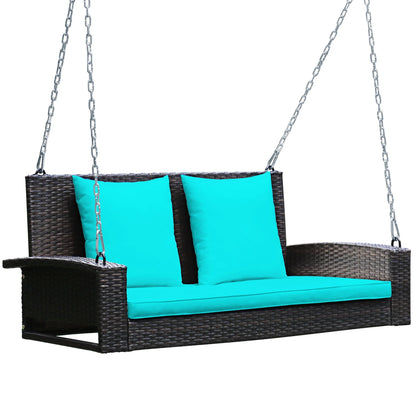 Costway 2-Person Patio Rattan Hanging Porch Swing Bench Chair Cushion Turquoise