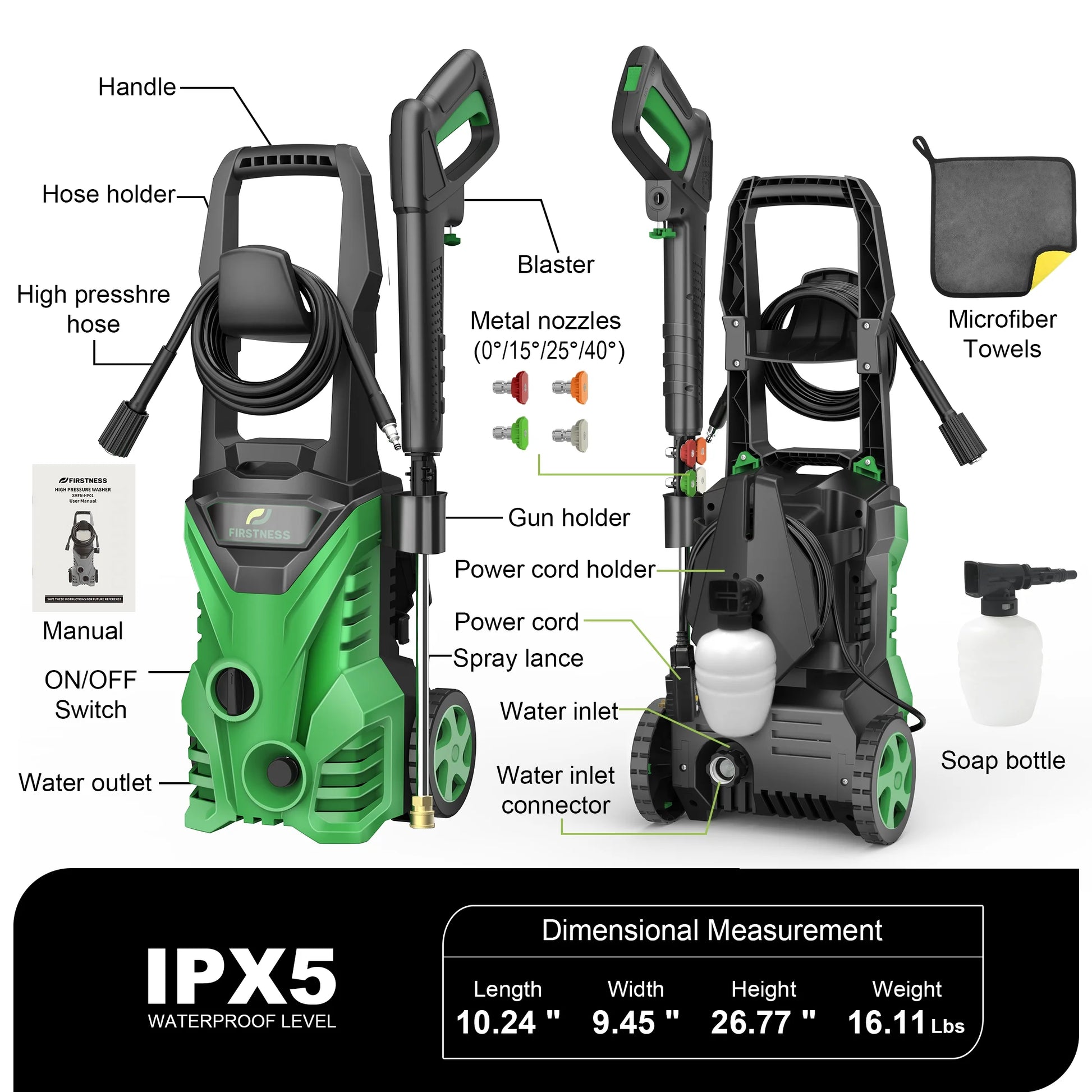 Firstness Pressure Washer 3500 PSI, Electric Power Washer w/26 ft Hose, 4 Quick Connect Nozzles, High Pressure Cleaning Machine with Foam Cannon, Portable to Clean Patios, Cars, Fences, Driveways