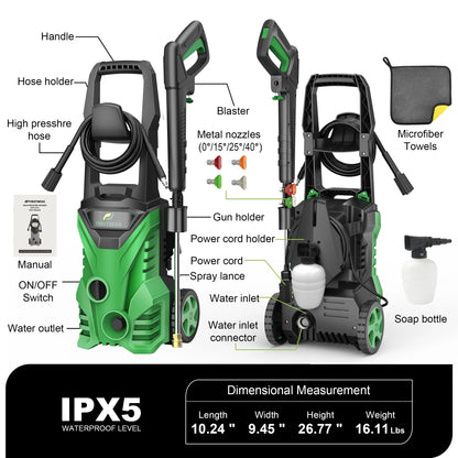 Firstness Pressure Washer 3500 PSI, Electric Power Washer w/26 ft Hose, 4 Quick Connect Nozzles, High Pressure Cleaning Machine with Foam Cannon, Portable to Clean Patios, Cars, Fences, Driveways