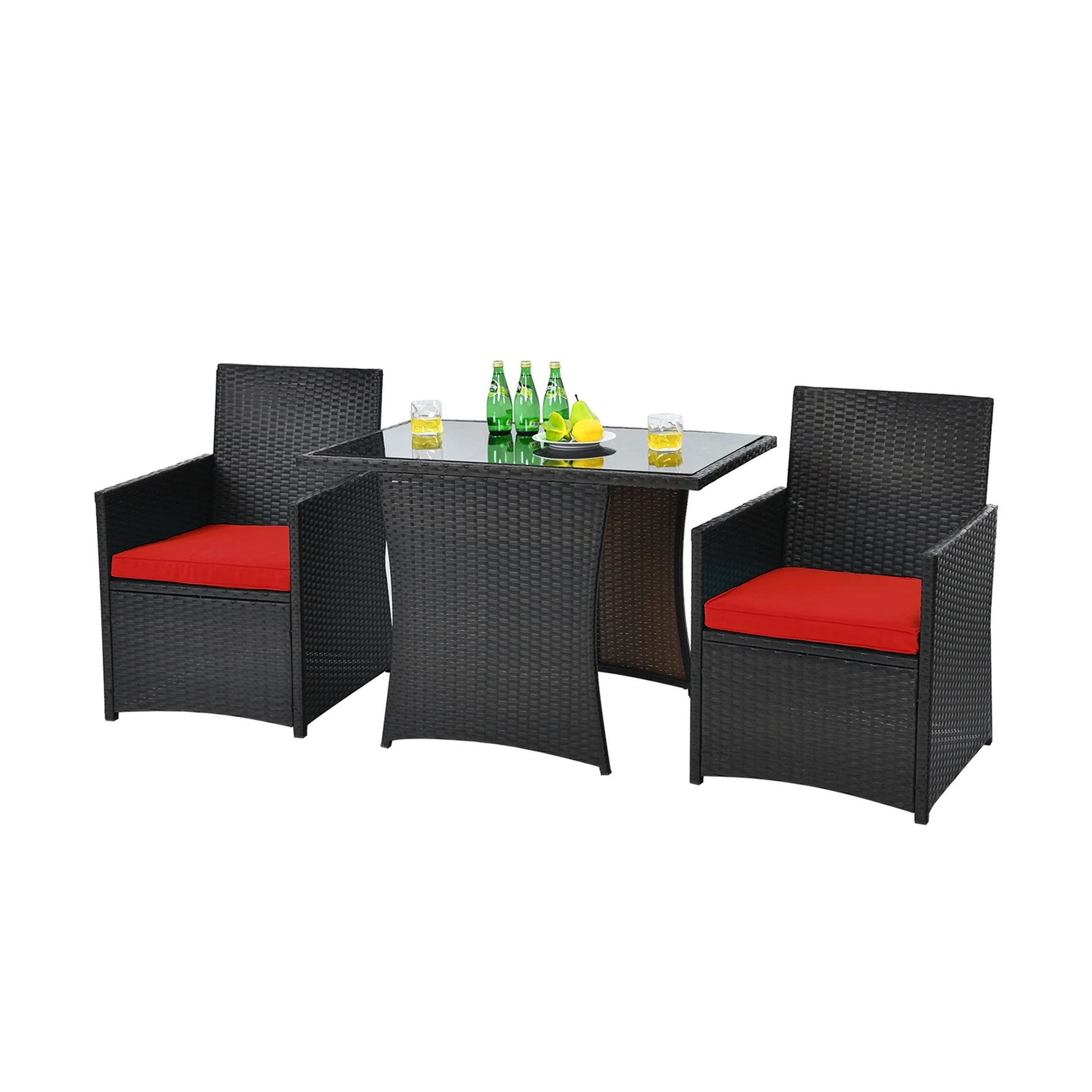 Gymax 3PCS Patio Wicker Bistro Set PE Rattan Dining Table Set w/Red Cushions
