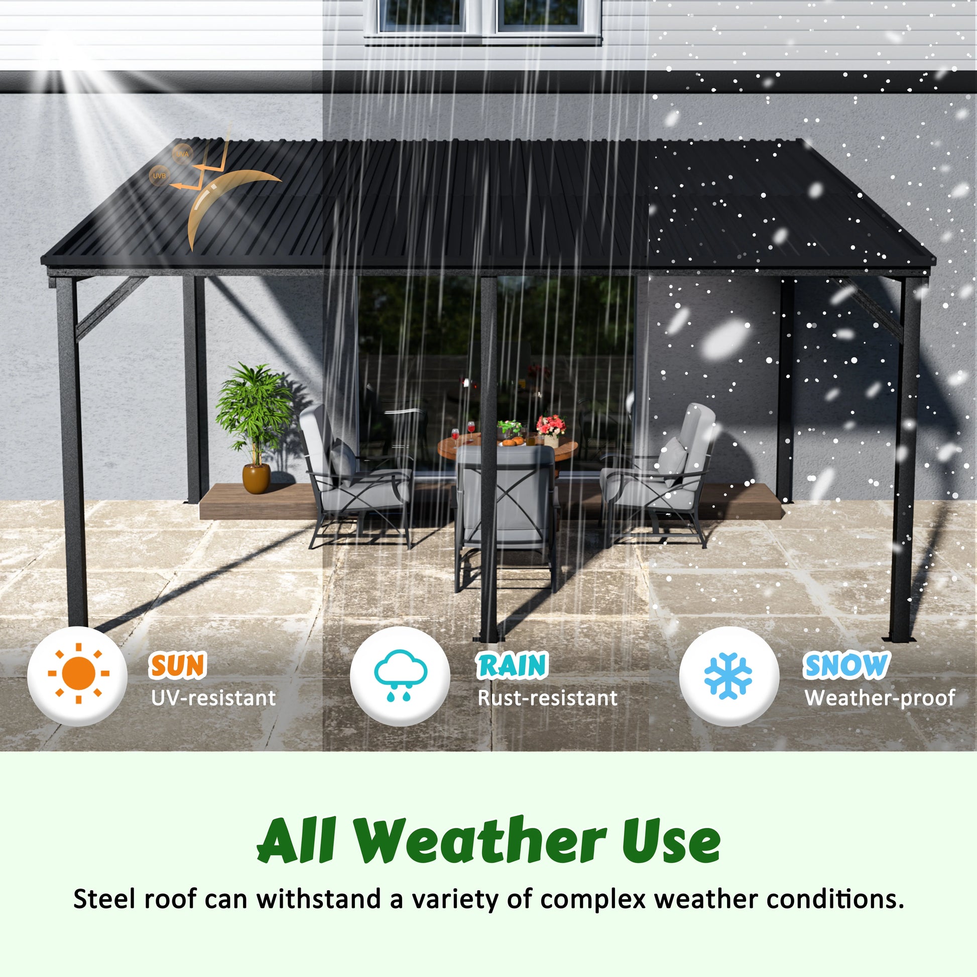 VEIKOUS 14' x 10' Outdoor Hardtop Gazebo, Patio Lean-to Pergola W/Heavy Duty Galvanized Metal Roof, Black