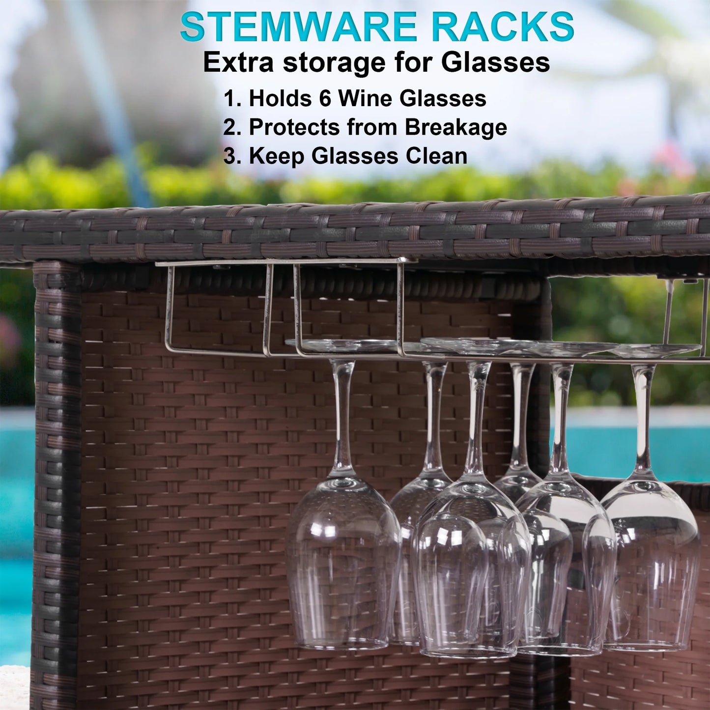 FHFO Outdoor Patio Wicker Bar, Rattan Counter Table with 2 Storage Shelves, 2 Steel Shelves for Backyard, Poolside, Garden