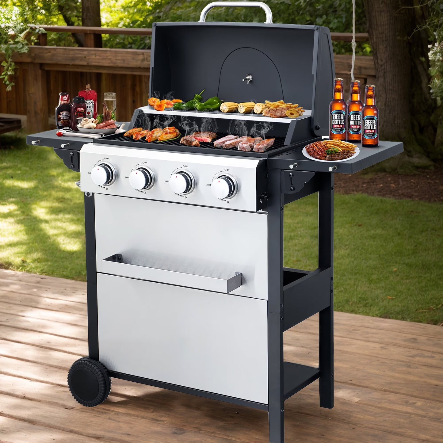 BBQ Grill, Seizeen Gas Grill with Side Burner, 40,000BTU 3-Burner Propane Grill w/Storage Cabinet, Steel Brush, Stainless Steel Camping for Backyard Patio, Portable Design on Wheels