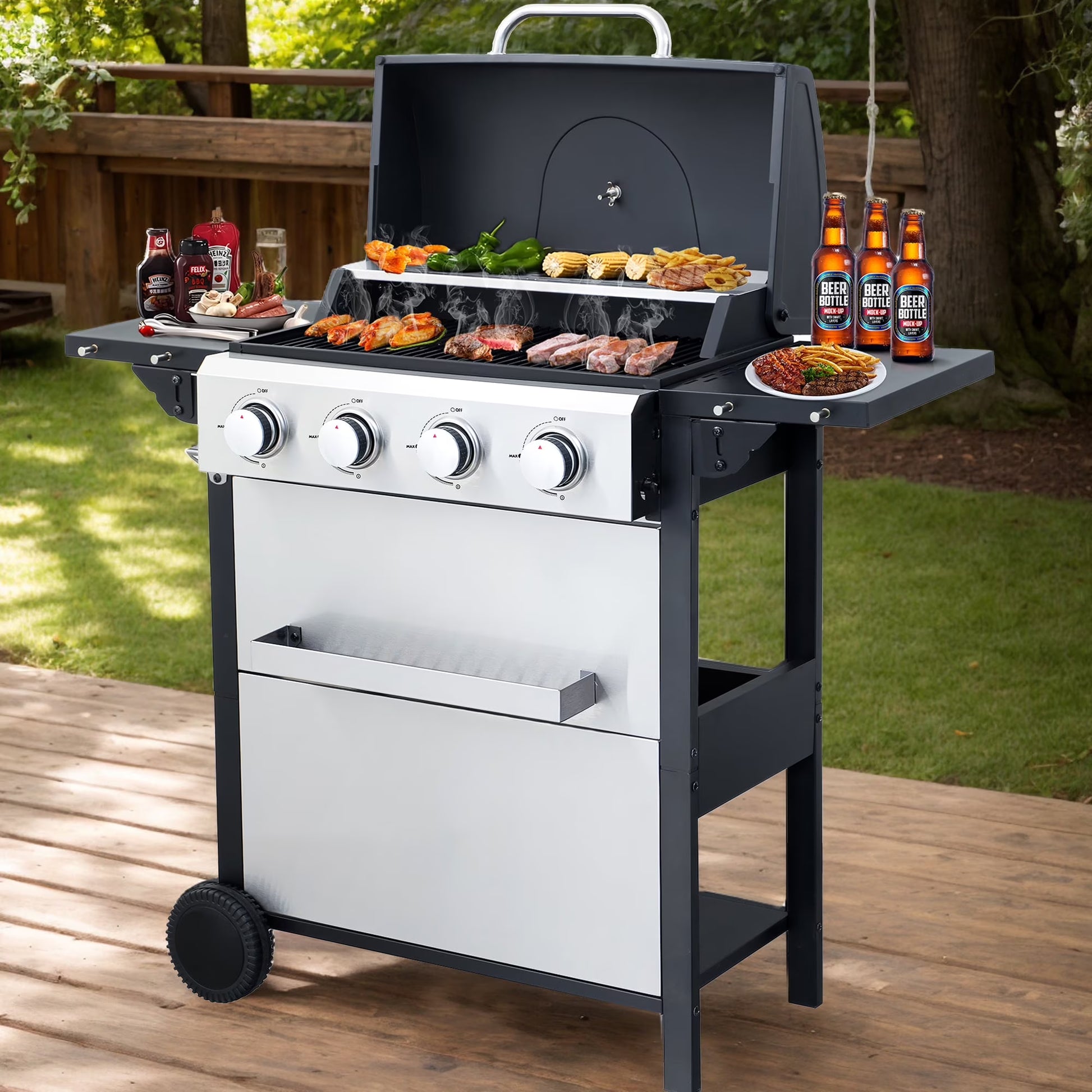 BBQ Grill, Seizeen Gas Grill with Side Burner, 40,000BTU 3-Burner Propane Grill w/Storage Cabinet, Steel Brush, Stainless Steel Camping for Backyard Patio, Portable Design on Wheels