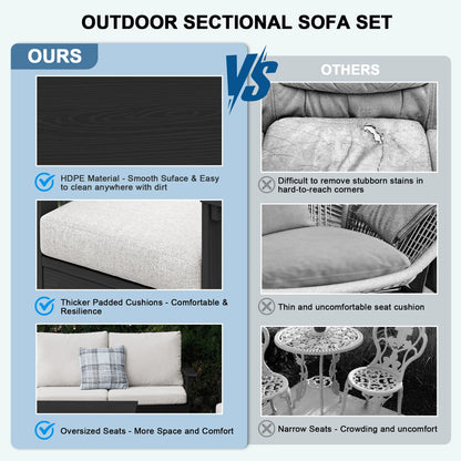 SERWALL Outdoor Patio Furniture Set, 7-Piece HDPE Outdoor Sofa Set Patio Conversation Set, Black Frame with Beige Cushions